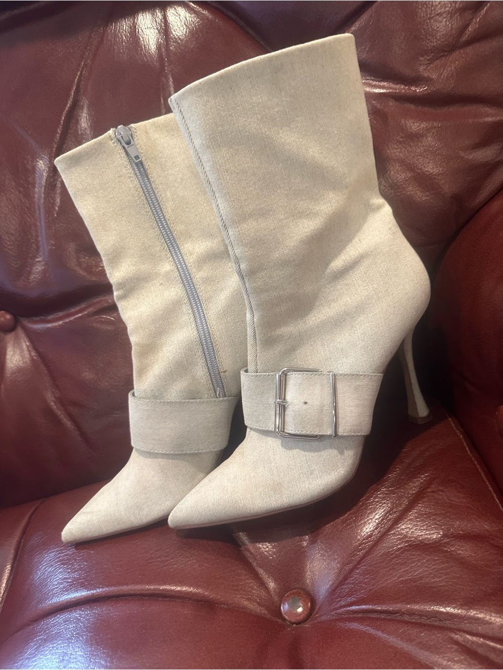 Steve Madden Beige Suede Pointed-Toe Buckle Ankle Boots